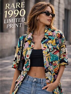 Vintage Nicole Miller 1990 Limited Shopaholic Print Silk Button Down NYC Shirt